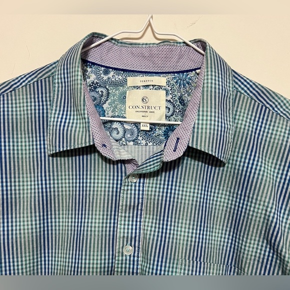 Con.Struct Short Sleeve Button Down Shirt Mens XXL Stretch Blue/Green plaid - Picture 3 of 8
